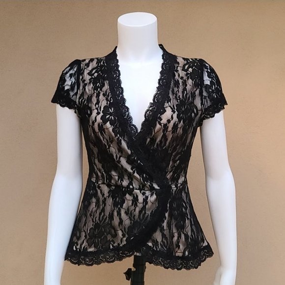 Champion Tops - Céline by Champion Sheer Black Lace Nude Lined Faux Wrap Peplum Top M